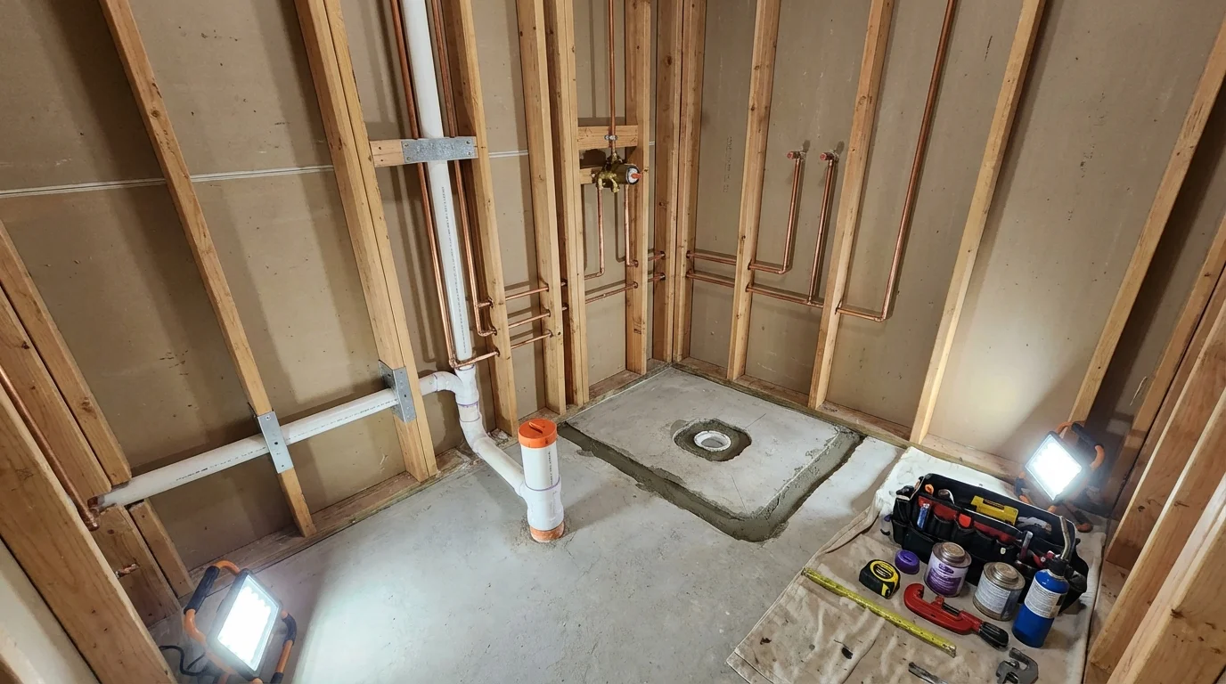 Bathroom rough-in plumbing during remodel by Johns Plumbing LLC in Romulus