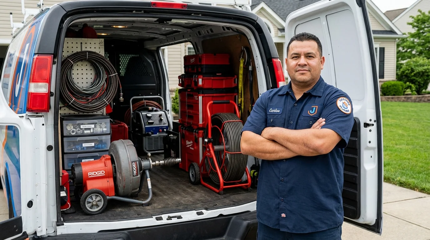 Professional drain cleaning equipment and Johns Plumbing LLC plumber in Romulus