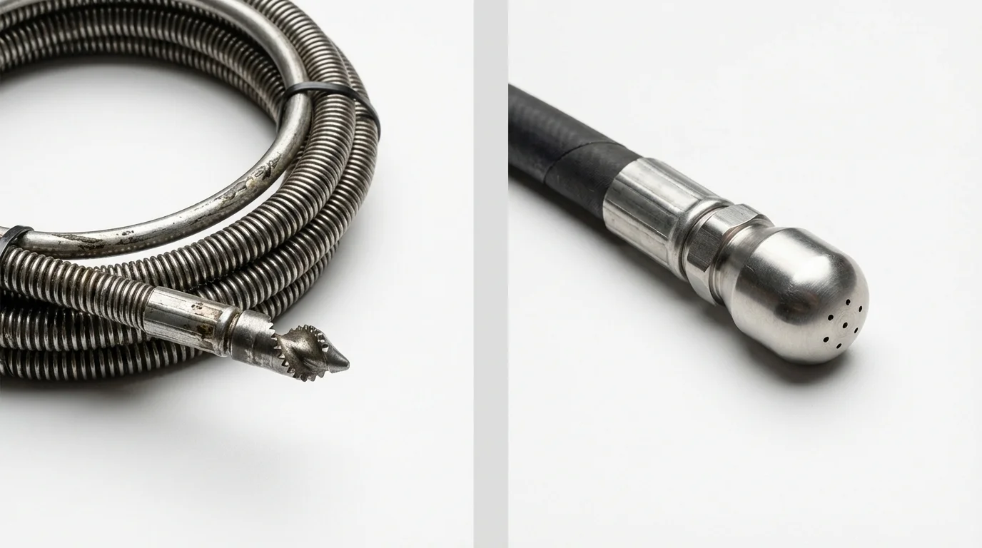 Drain snake cable and hydro jetting nozzle used for drain cleaning in Romulus, MI