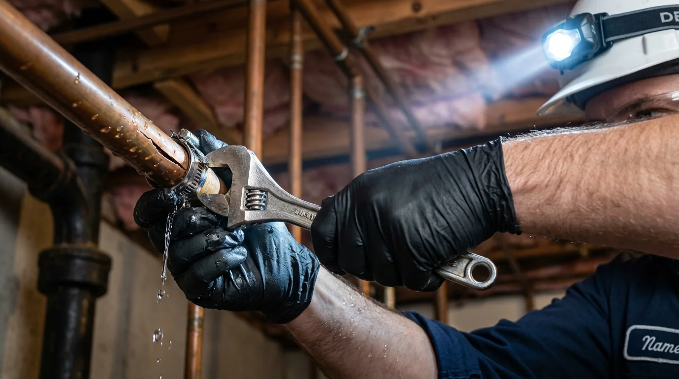 Emergency pipe clamp repair being performed by a Johns Plumbing LLC plumber in Romulus