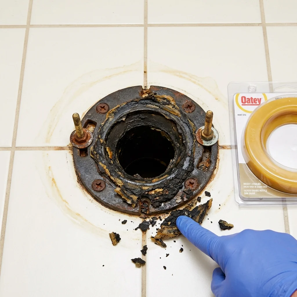 Failed wax ring showing water seepage at the base of a toilet in a Romulus, MI home