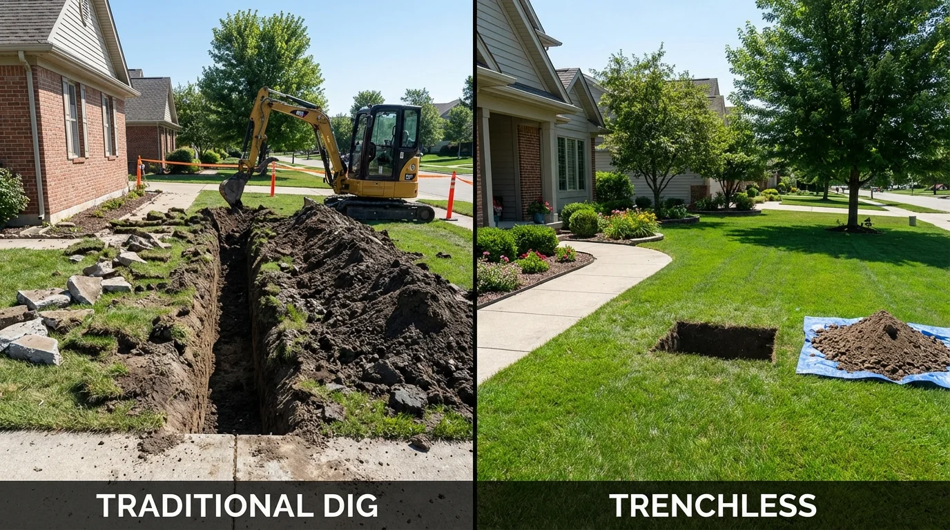 Trenchless sewer repair with minimal yard damage versus traditional excavation in Romulus, MI