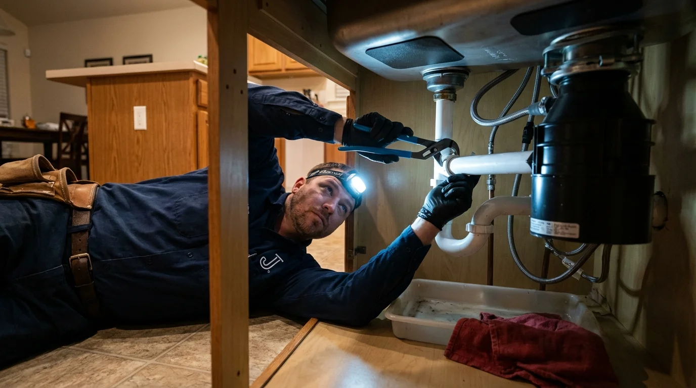 P-trap and supply line connections under a kitchen sink showing a common leak point in Romulus, MI
